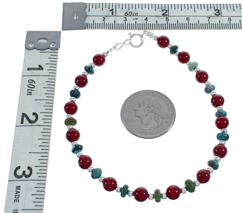 Genuine Sterling Silver Turquoise And Coral Navajo Bead Bracelet JX123396